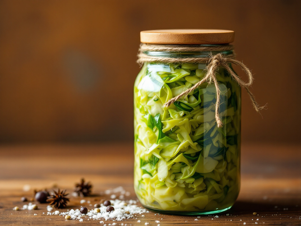 A jar of Fermented Paleo Sauerkraut, showcasing the vibrant, tangy cabbage, placed on a wooden cutting board with fresh vegetables.