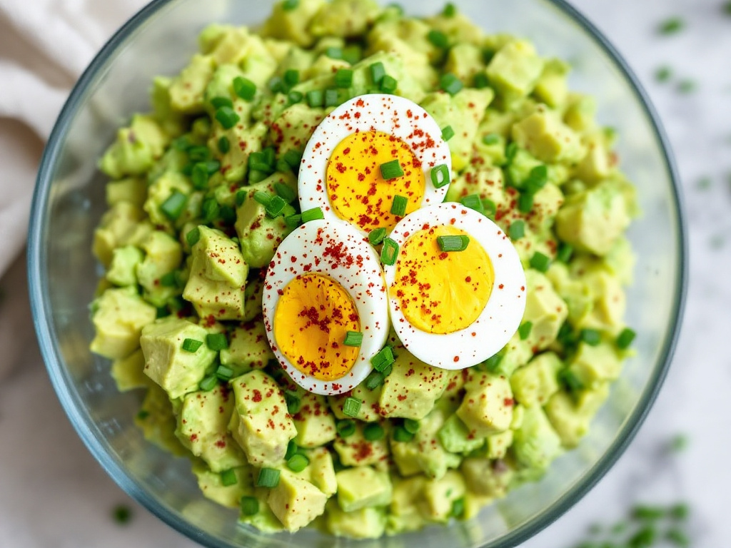 A vibrant and appetizing Keto Avocado Egg Salad, featuring sliced avocados, boiled eggs, and fresh greens, perfect for a low-carb meal.