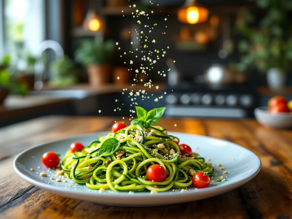  A colorful and appetizing dish of Zucchini Noodles with Pesto, featuring spiralized zucchini noodles topped with a vibrant green pesto sauce. The dish is garnished with cherry tomatoes, pine nuts, and fresh basil leaves. The background is a rustic wooden table with a blurred kitchen setting, creating a warm and inviting atmosphere.