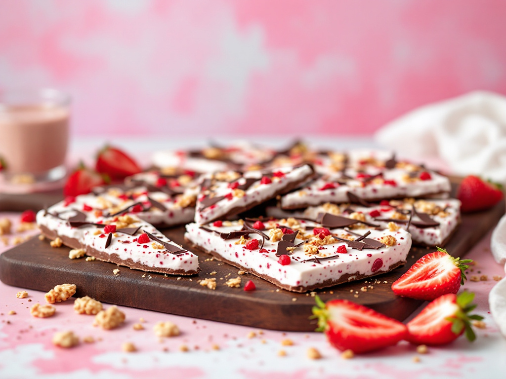 A close-up image of Strawberry-Chocolate Greek Yogurt Bark, a delightful and healthy Diabetes-Friendly Dessert, featuring a creamy yogurt base topped with fresh strawberries and dark chocolate chunks.