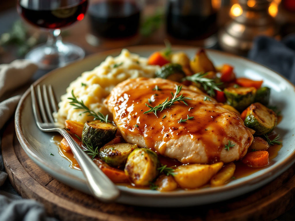 A beautifully plated chicken breast glazed with a rich maple-Dijon sauce, garnished with fresh herbs and served with a side of roasted vegetables and creamy mashed potatoes, presented on a rustic wooden board with a stylish fork and knife, and a glass of red wine in the background, set in a cozy, inviting dining atmosphere for The Best American Food Recipes for 2025.