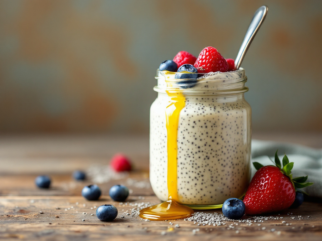 A creamy and delicious Chia Pudding presented in a glass jar. The pudding is topped with a variety of colorful berries, a sprinkle of chia seeds, and a drizzle of honey. The background is a light-colored wooden table with a simple, rustic spoon resting nearby, creating a fresh and inviting atmosphere.