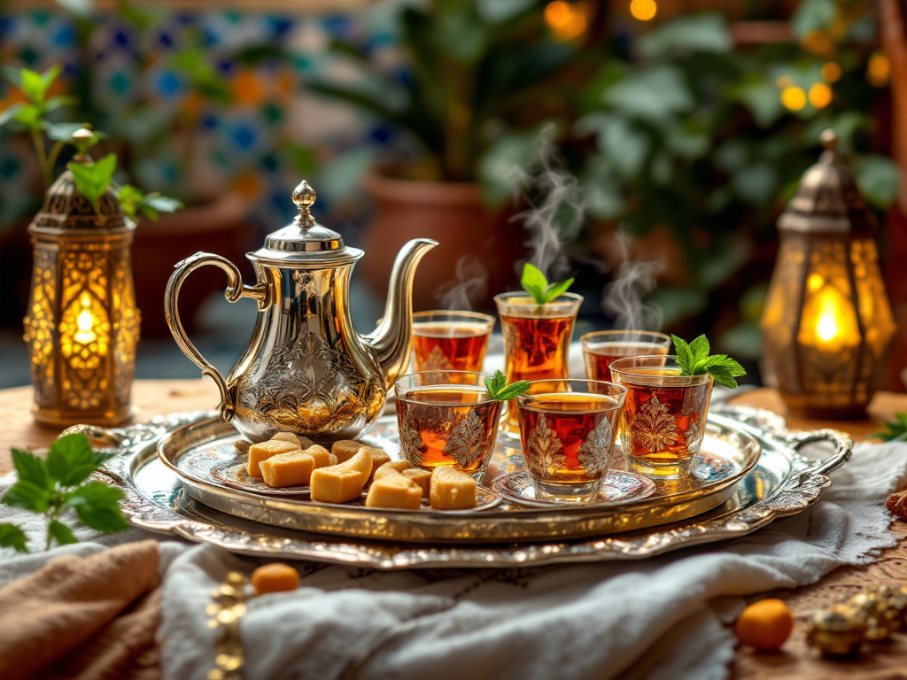 A beautifully presented Moroccan mint tea set, showcasing the Flavors of Morocco with its steaming hot tea, fresh mint leaves, and traditional sweets, set against a backdrop of a cozy Moroccan courtyard with vibrant tiles and lush greenery.