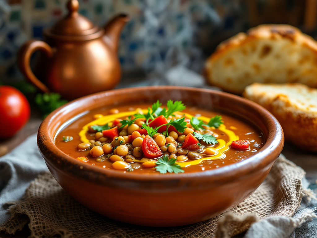 A steaming bowl of traditional Moroccan harira soup, showcasing the Flavors of Morocco with its hearty ingredients, aromatic spices, and rustic earthenware bowl, set against a backdrop of a cozy Moroccan-style kitchen.