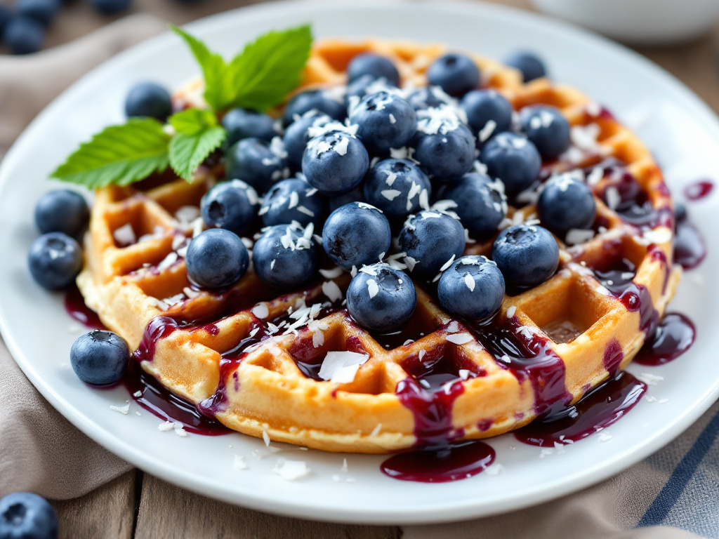 A close-up image of Low-Carb Blueberry Chaffles, a delightful and healthy option among Diabetes-Friendly Desserts, featuring golden-brown waffles studded with juicy blueberries.