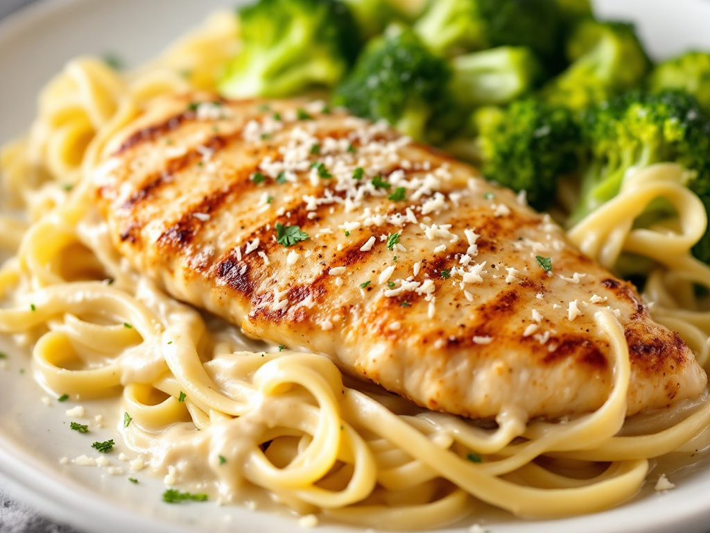 A plate of Keto Chicken Alfredo, featuring tender chicken breast atop a bed of zucchini noodles, all smothered in a rich, creamy Alfredo sauce, garnished with fresh parsley