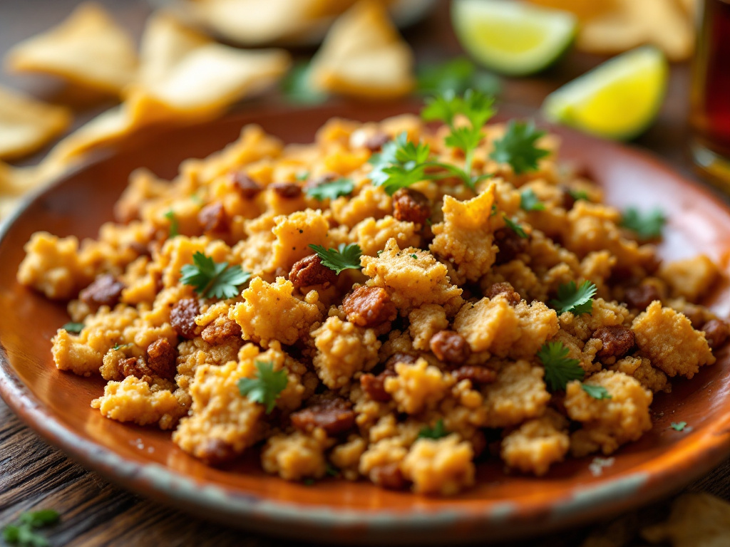 A plate of Migas, a traditional Spanish dish made from fried bread crumbs, seasoned with garlic and paprika, and garnished with fresh herbs.