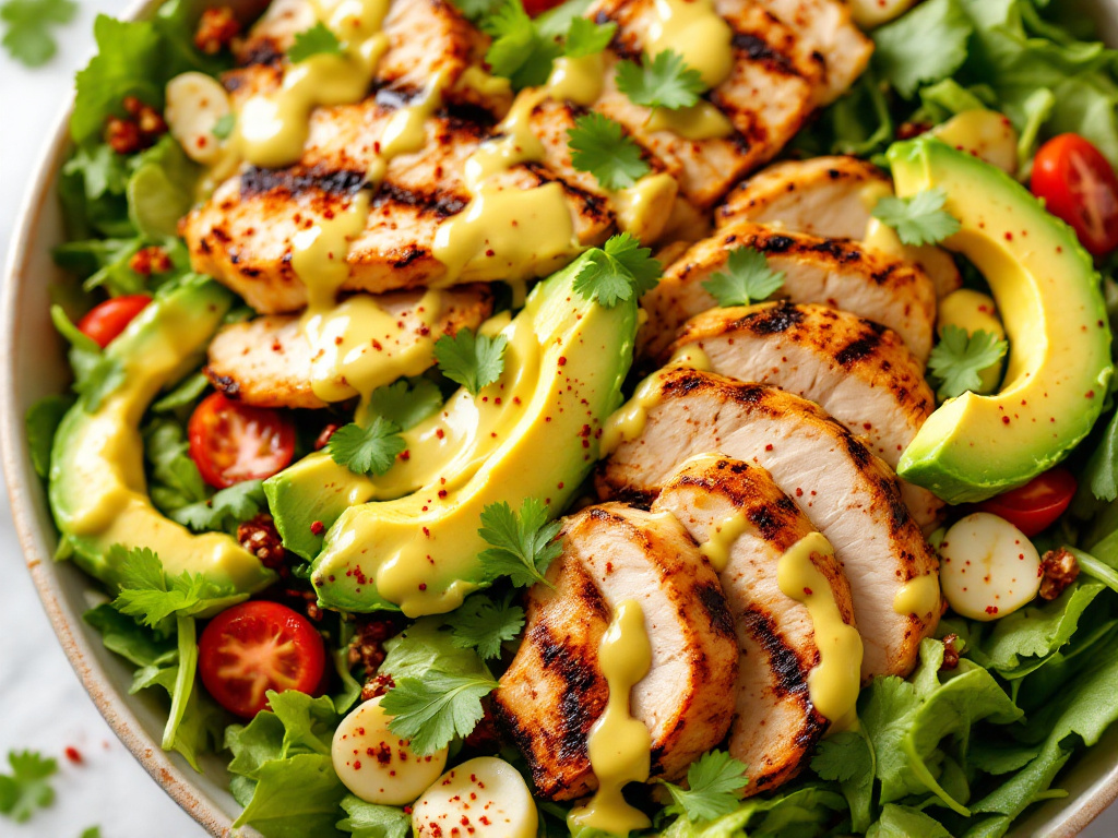 Image of a Grilled Chicken Salad with Avocado Dressing, a flavorful and nutritious option among Low-Carb Recipes for Diabetics.