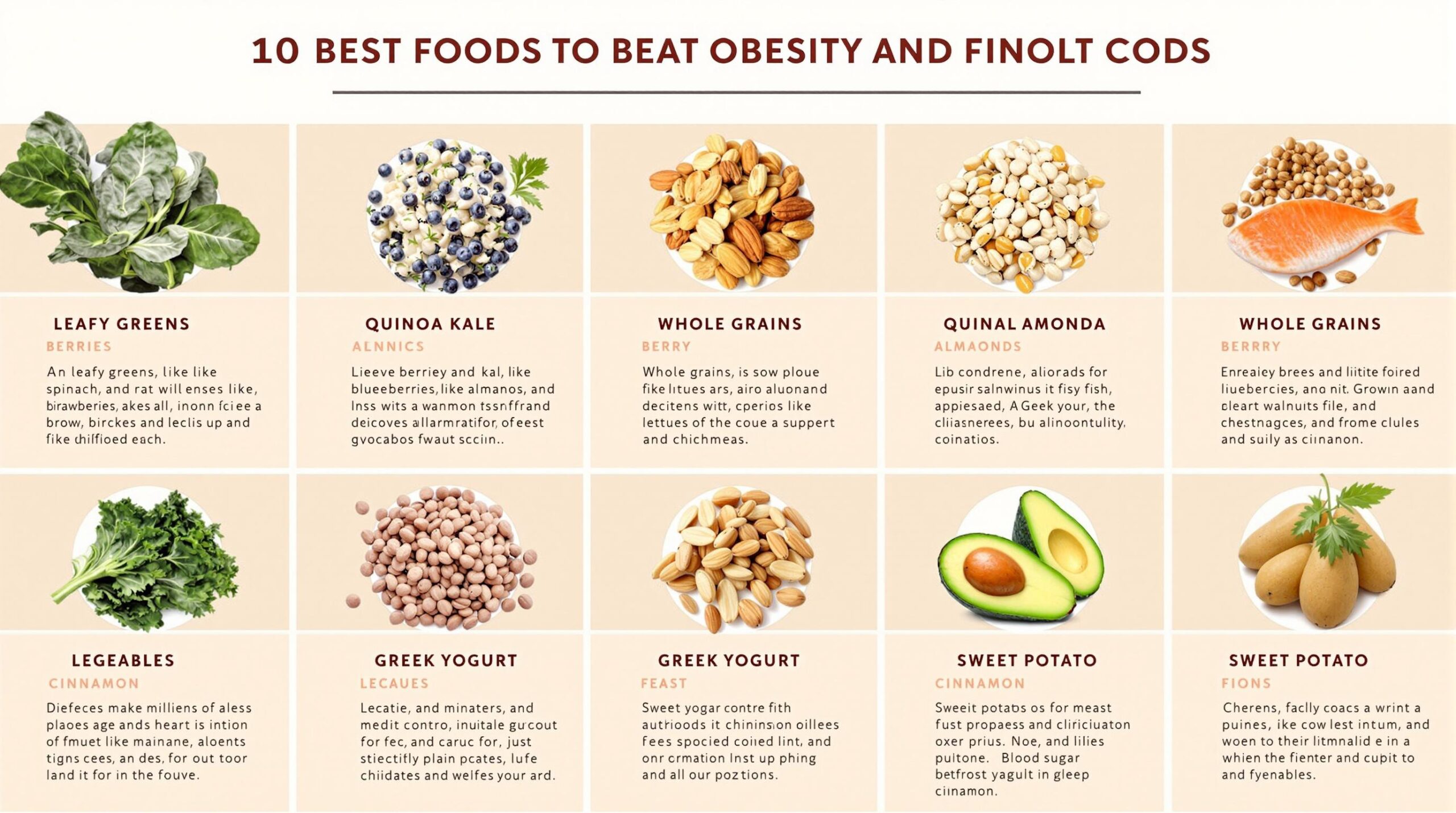 An assortment of healthy foods, including fresh vegetables, salmon, nuts, and whole grains, showcasing the 10 Best Foods to Beat Obesity and Control Diabetes.