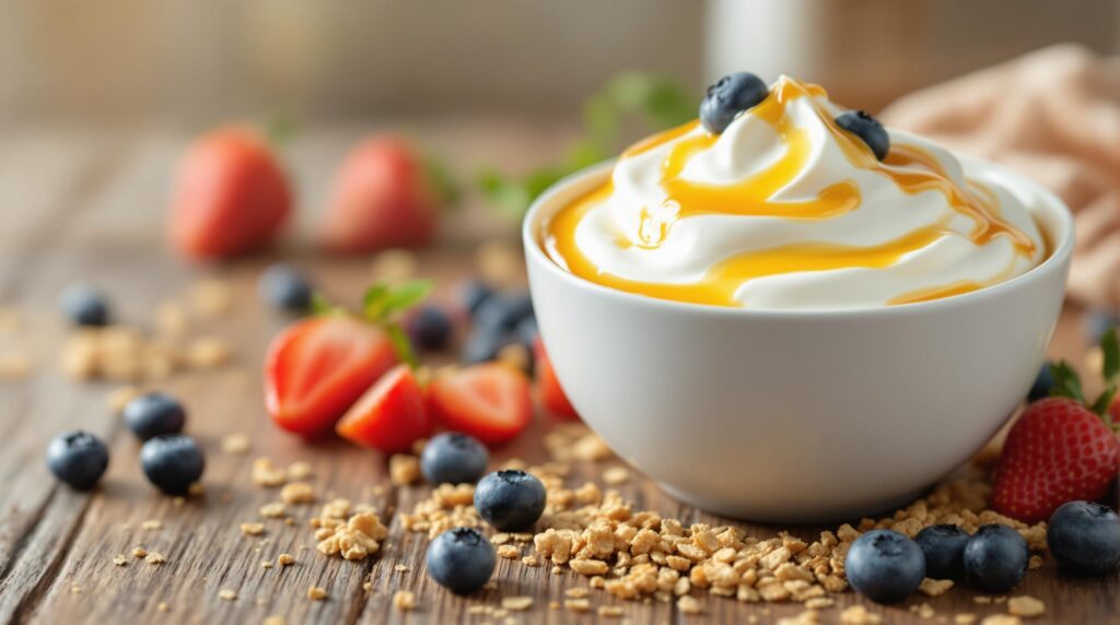 A bowl of creamy Greek yogurt topped with fresh berries and honey, showcasing its health benefits for managing obesity and diabetes.