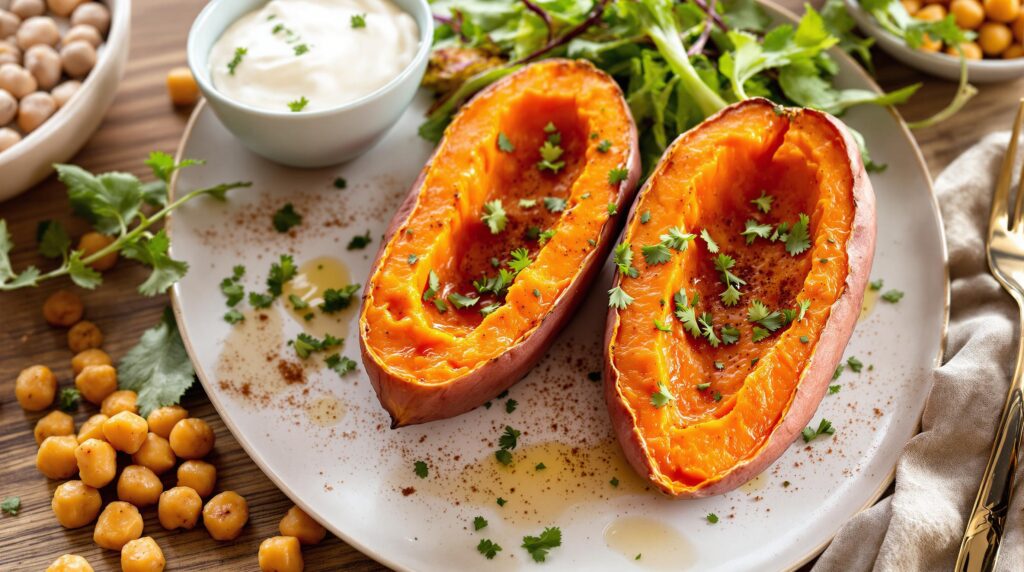 A plate of roasted sweet potato slices, emphasizing their health benefits for managing obesity and diabetes.