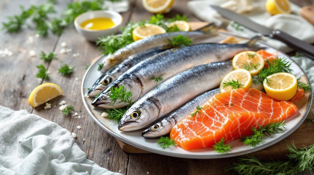 A cooked salmon fillet garnished with lemon slices and fresh herbs, emphasizing its omega-3 content and health benefits for managing obesity and diabetes.