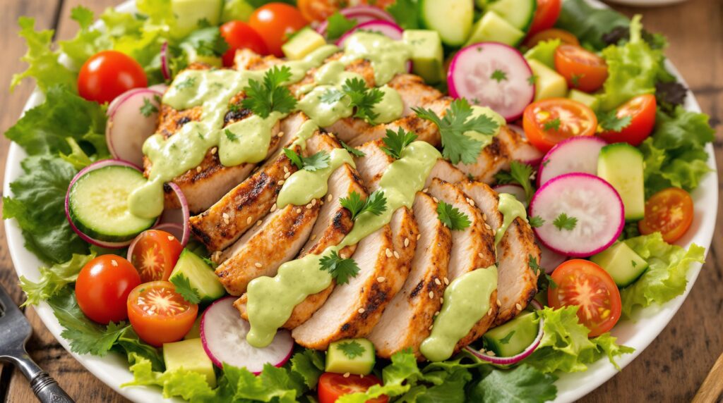 A vibrant grilled chicken salad topped with fresh vegetables and drizzled with creamy avocado dressing, a perfect diabetes-friendly American recipe.