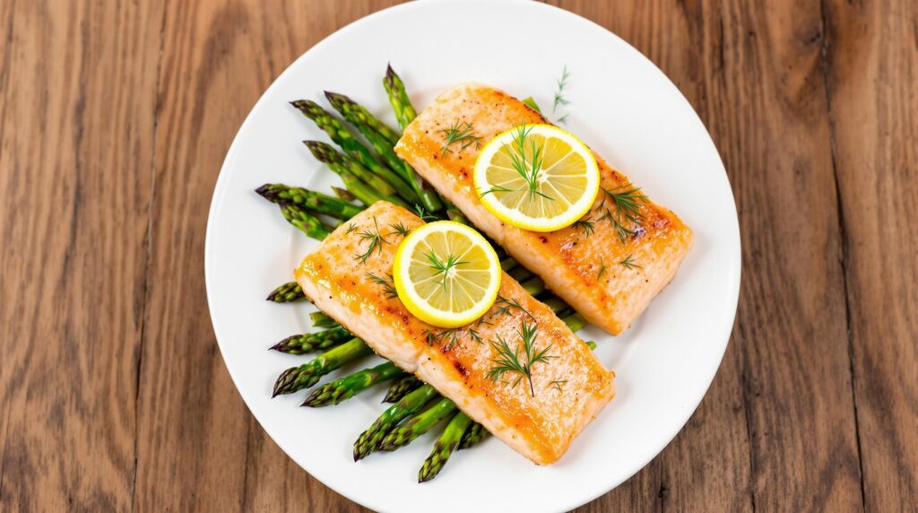 A perfectly baked salmon fillet served with fresh asparagus and lemon slices, a light and flavorful diabetes-friendly American recipe.