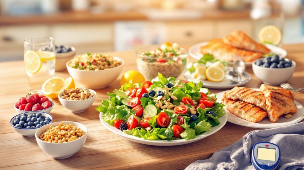 A colorful plate of healthy foods, including fresh vegetables, grilled chicken, quinoa, and avocado, symbolizing the importance of diet in managing obesity and diabetes.