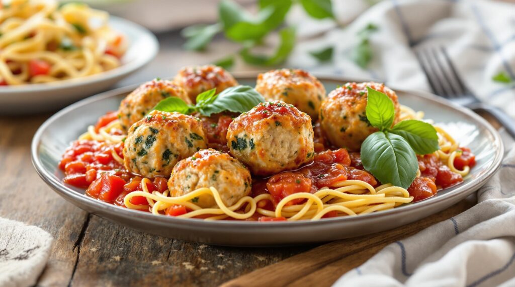 Juicy turkey and zucchini meatballs served with a light tomato sauce, a healthy and diabetes-friendly American recipe