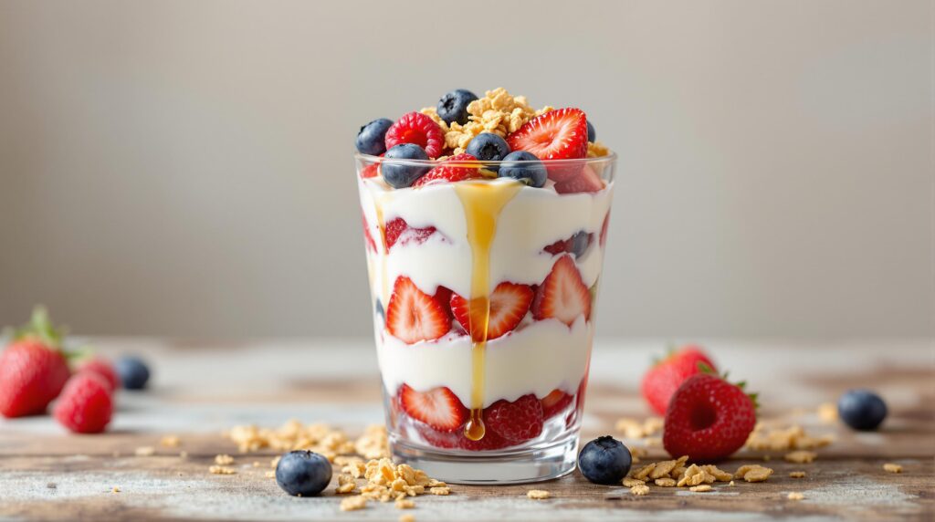 A layered Greek yogurt parfait with fresh berries and granola, a refreshing and diabetes-friendly American recipe.