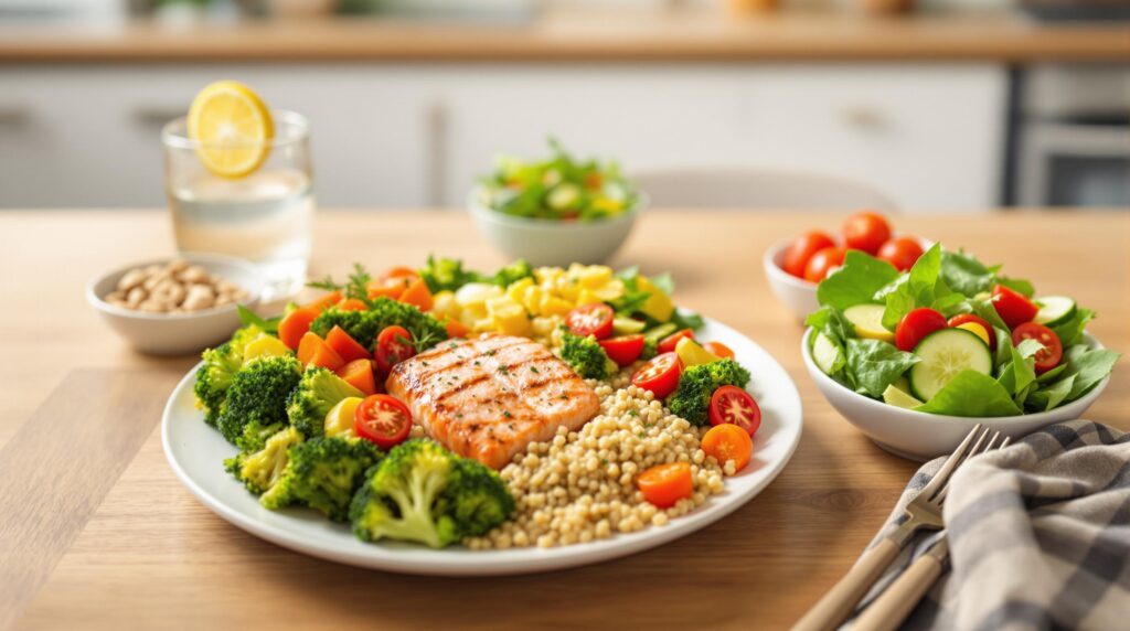 A colorful assortment of healthy foods, including spinach, blueberries, salmon, almonds, quinoa, and avocado, representing the best foods to beat obesity and control diabetes.