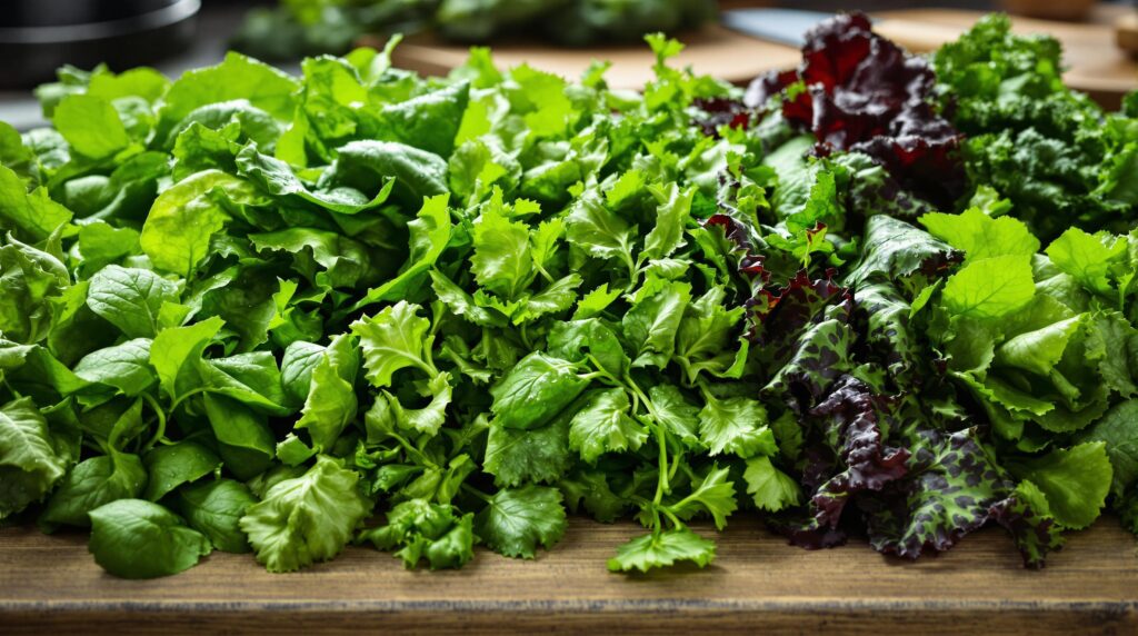 A vibrant display of fresh leafy greens, including spinach, kale, and arugula, emphasizing their health benefits for managing obesity and diabetes.