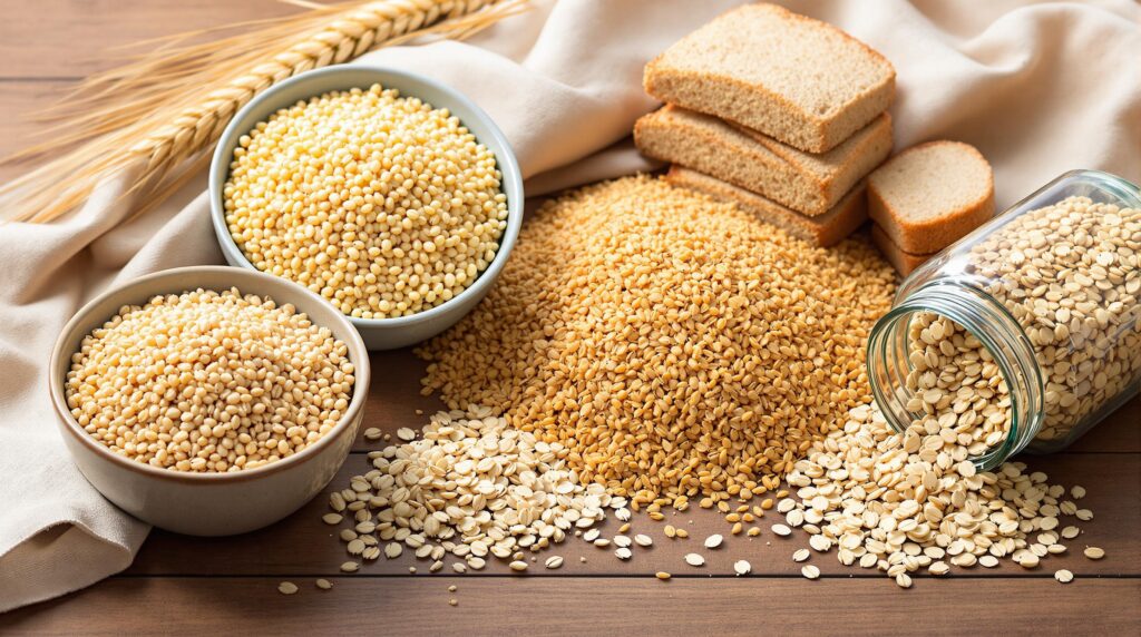 A selection of whole grains, including quinoa, brown rice, oats, and whole wheat bread, highlighting their benefits for managing obesity and diabetes.