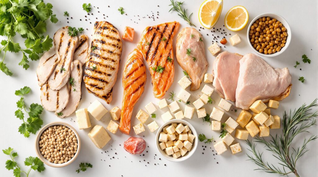 A selection of lean protein sources, including grilled chicken, salmon, eggs, tofu, and legumes, emphasizing their role in managing obesity and diabetes.