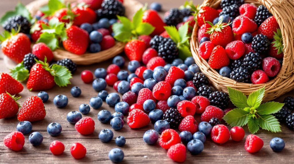 A vibrant mix of fresh berries, including strawberries, blueberries, raspberries, and blackberries, highlighting their benefits for managing obesity and diabetes.