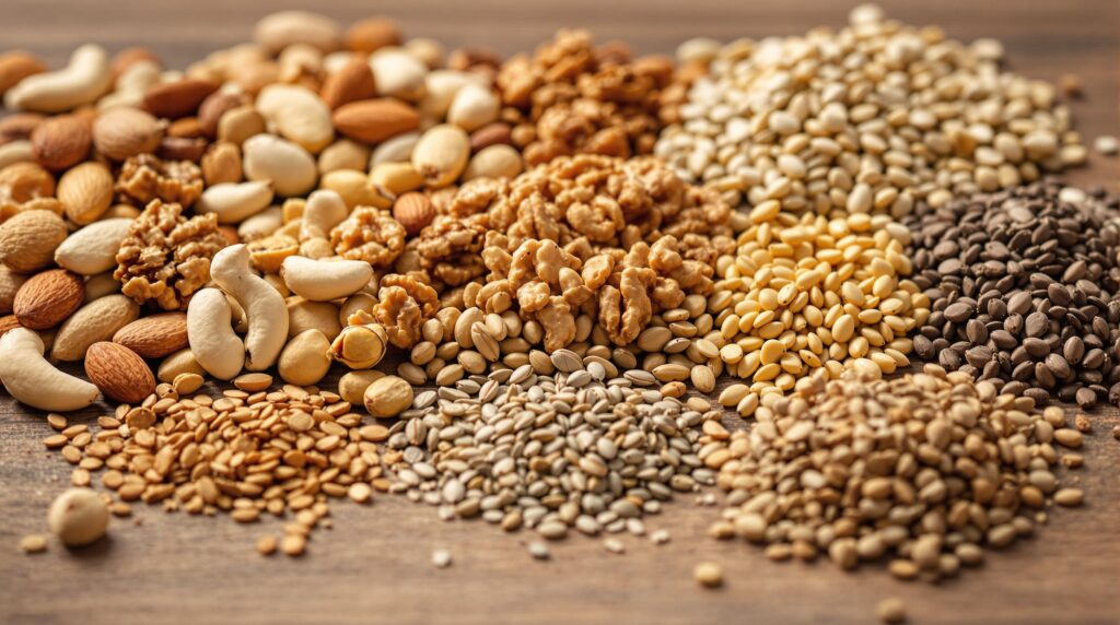 A mix of nuts and seeds, including almonds, walnuts, chia seeds, and sunflower seeds, emphasizing their health benefits for managing obesity and diabetes.