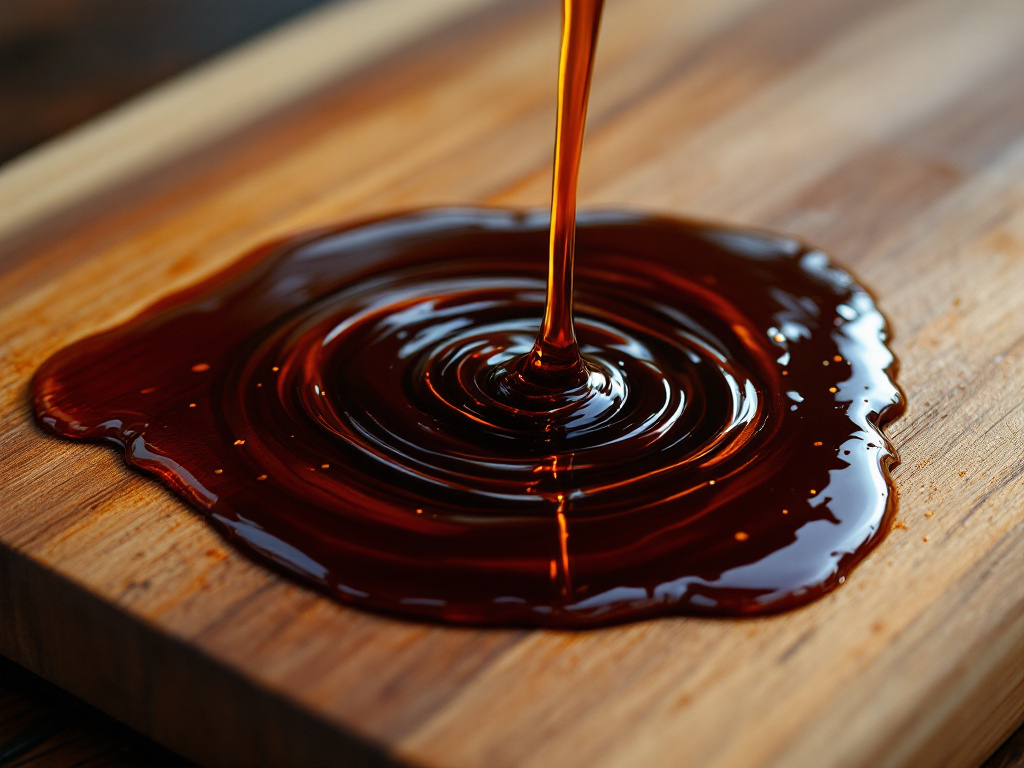 A jar of "Miso-Maple Glaze" sauce, part of a collection of innovative gourmet sauces, showcased with a glazed salmon fillet and fresh herbs, emphasizing its sweet and savory fusion and gourmet quality.