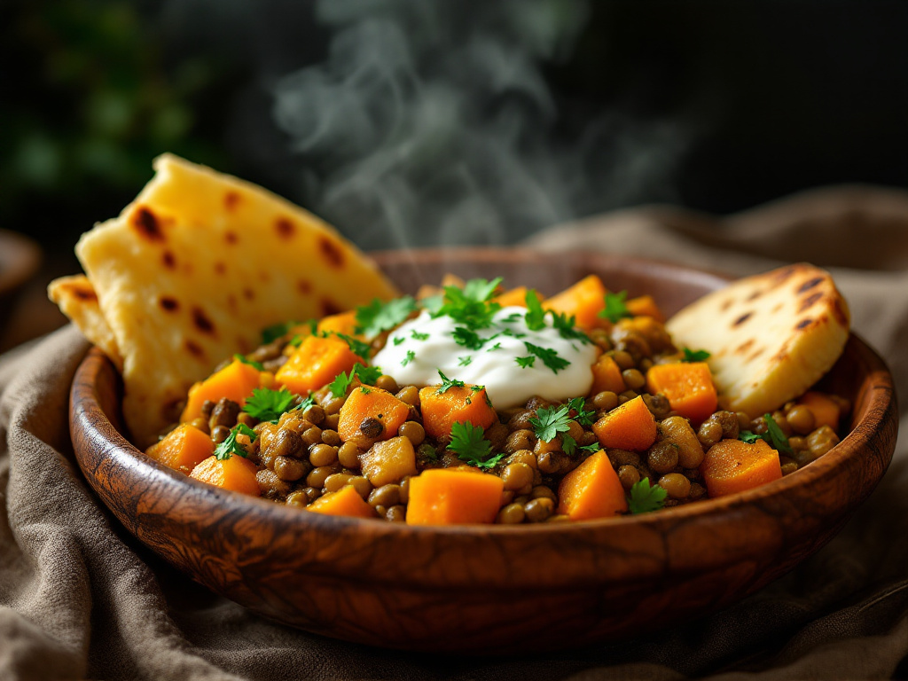 A realistic photo of a Lentil and Sweet Potato Curry, featuring a rich, aromatic curry with tender lentils and sweet potatoes in a creamy sauce, garnished with fresh herbs.