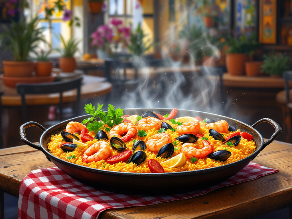 A vibrant image of Paella, the iconic Spanish dish, showcasing a colorful array of ingredients, part of the 10 Irresistible Must-Try Spanish Dishes