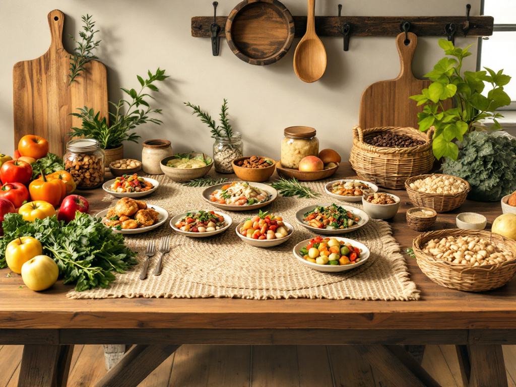 A realistic display of 10 Amazing Paleo Recipes, featuring a variety of dishes designed to improve digestive health, set against a rustic wooden table.