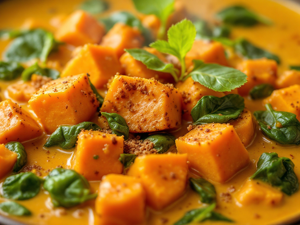 A warm and inviting bowl of Sweet Potato and Spinach Curry, one of the 8 Best Life-Changing Anti-Inflammatory Dishes, garnished with fresh cilantro and served with a side of rice.