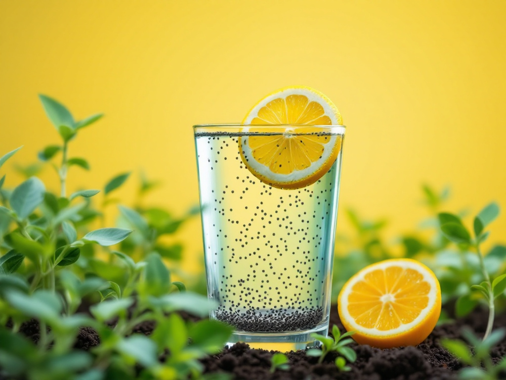 A glass of chia and lemon water with a lemon slice and chia seeds visible, set against a bright and healthy background with green plants and a calming yellow hue, representing the transformative health benefits of the drink.