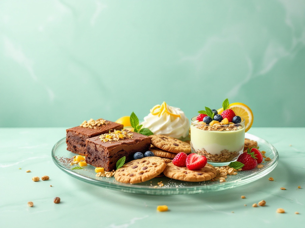 A vibrant and appetizing display of Diabetes-Friendly Desserts, featuring a sugar-free chocolate brownie, lemon avocado mousse, oatmeal nut cookies, and Greek yogurt with berries, all set against a soft pastel background.