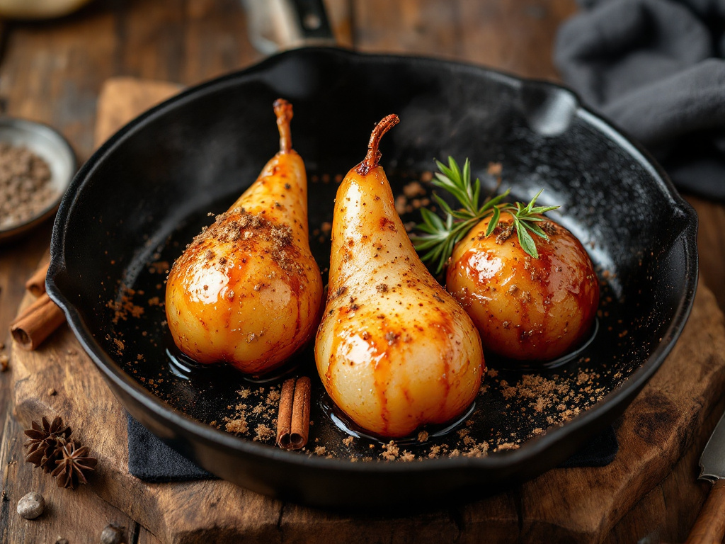 A close-up image of Caramelized Spiced Pears, a warm and comforting option among Diabetes-Friendly Desserts, featuring tender pears coated in a rich, spiced caramel glaze.


