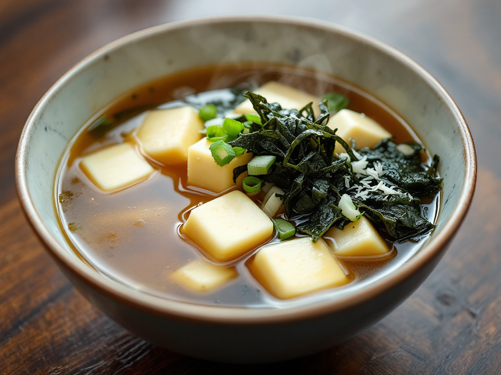 A bowl of miso soup with tofu and seaweed, featuring a clear broth with floating pieces of tofu and seaweed, garnished with green onions.