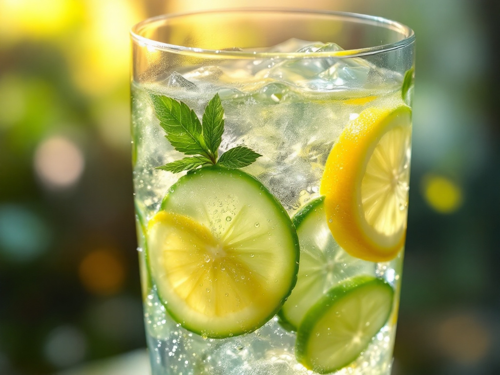 A refreshing glass of cucumber and lemon infused water, garnished with fresh slices of cucumber and lemon, perfect for hydration and promoting health.