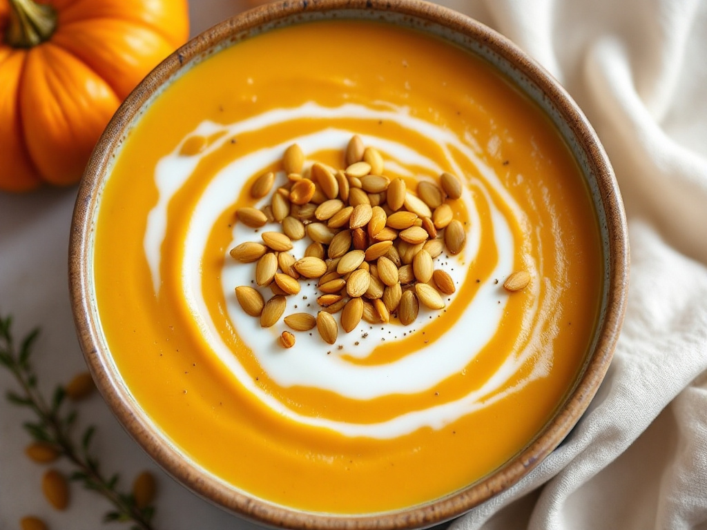 A bowl of Creamy Paleo Butternut Squash Soup, garnished with fresh herbs and served on a rustic wooden table.