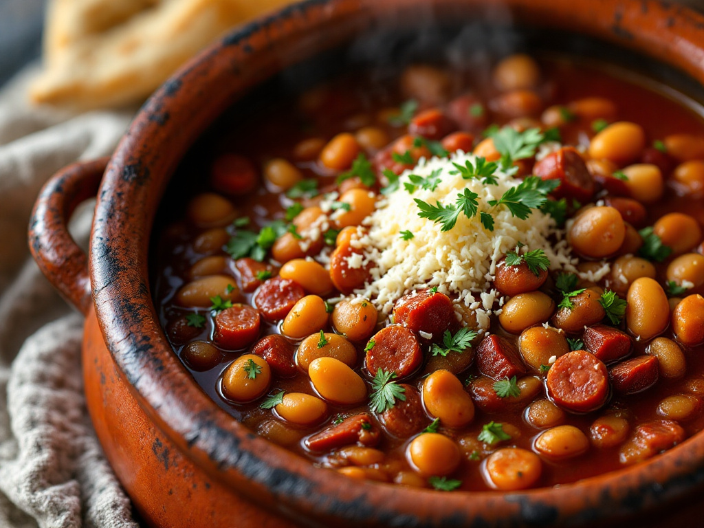 A bowl of Fabada Asturiana, a rich and hearty Asturian bean stew, filled with large white beans, slices of chorizo, morcilla, and pancetta, garnished with fresh herbs.