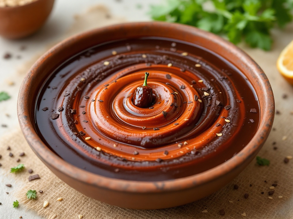 A rich, dark "Smoky Chipotle Chocolate Mole" sauce, part of a collection of innovative gourmet sauces, presented in a glass jar with a label, surrounded by chipotle peppers, cocoa nibs, and spices, highlighting its unique blend of smoky and sweet flavors and gourmet appeal.