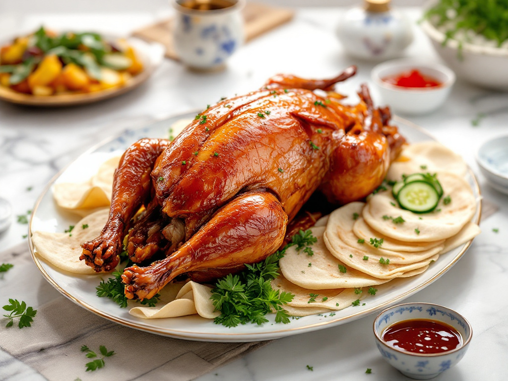 Traditional Peking Duck with crispy skin, served with pancakes, cucumbers, green onions, and hoisin sauce.