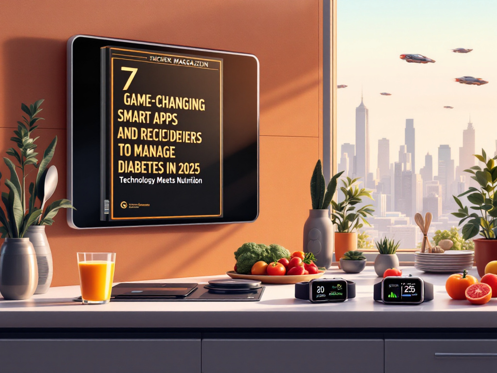 Representative image of Smart Apps and Recipes for diabetes management in 2025, featuring a modern kitchen with smart devices and healthy foods.