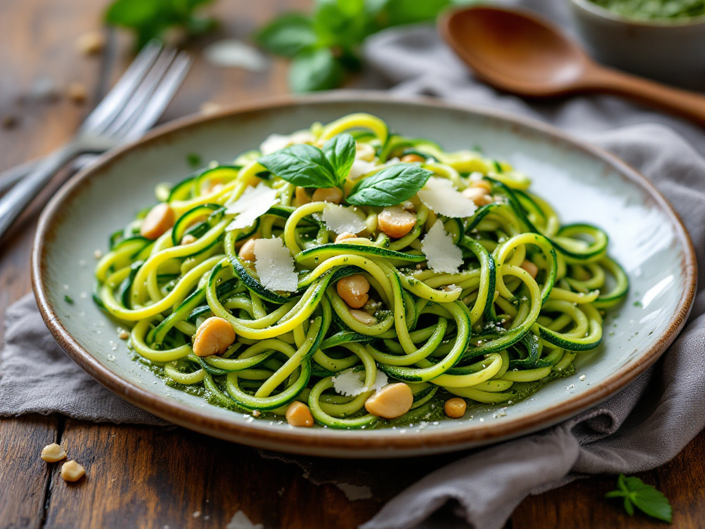 A realistic photo of Zucchini Noodles with Pesto, featuring a vibrant and appetizing dish of spiralized zucchini noodles topped with a rich, green pesto sauce, garnished with fresh basil leaves and cherry tomatoes.