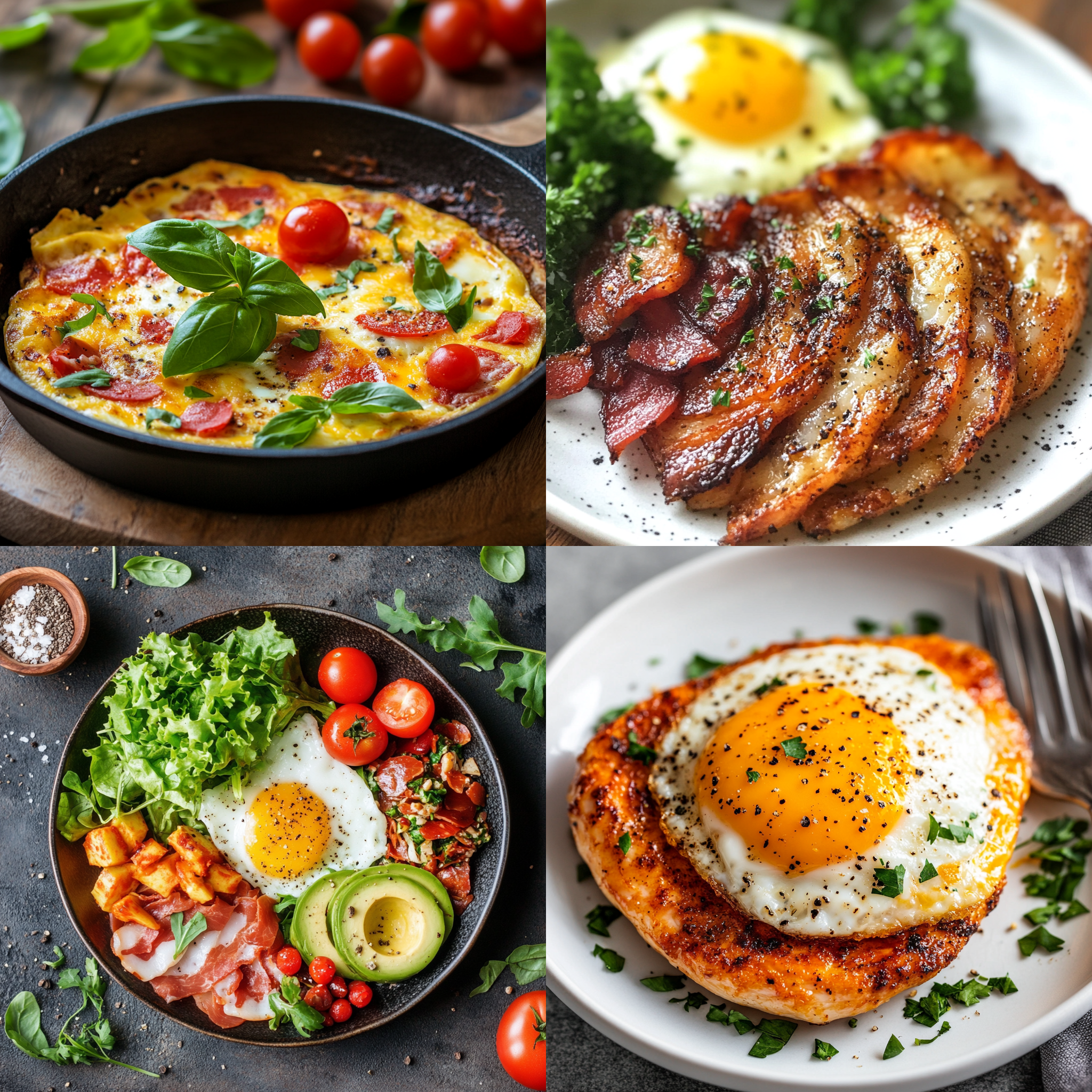 A collage of four keto-friendly breakfast dishes, including a vegetable frittata, bacon-wrapped chicken, a breakfast bowl with avocado and eggs, and a cheesy egg toast, representing Easy Keto Recipes for Beginners.