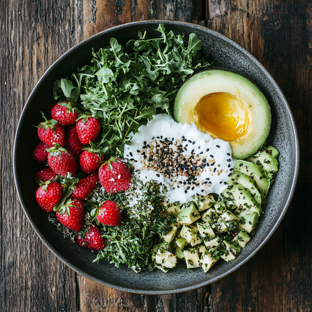 7 Energizing Recipes to Boost Mental Clarity and Physical Health 2 A nutritious breakfast bowl featuring avocado, strawberries, greens, and a poached egg, showcasing energizing recipes.