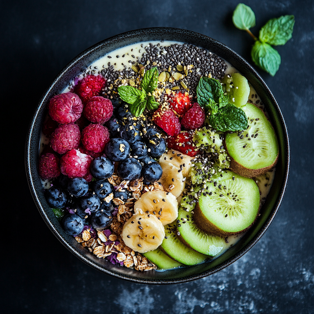 A colorful breakfast bowl filled with fresh fruits, granola, and yogurt, representing energizing recipes.