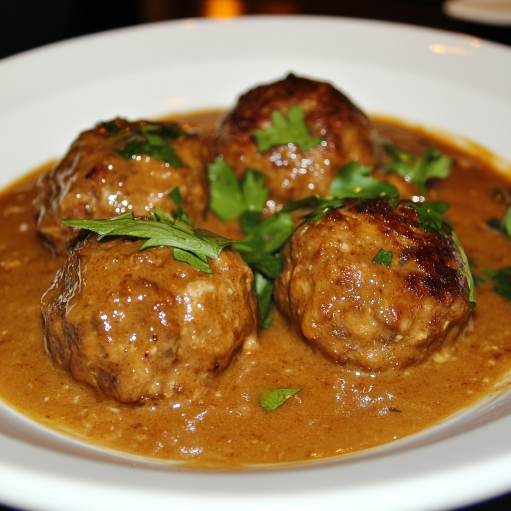 Spanish albondigas (meatballs) in a rich, savory sauce, garnished with fresh parsley, served in a white bowl.