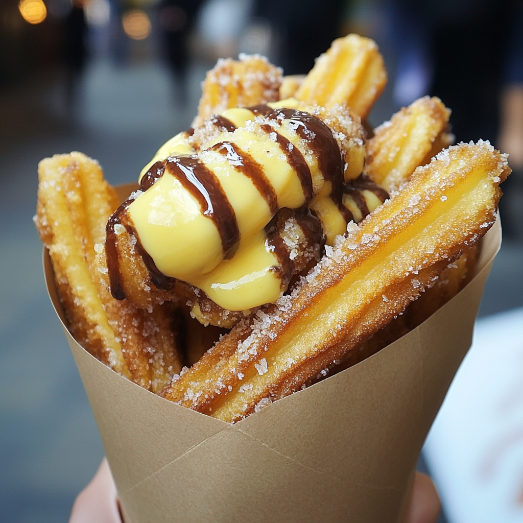 A delicious serving of churros with sugar, drizzled with chocolate and filled with creamy custard, served in a paper cone.