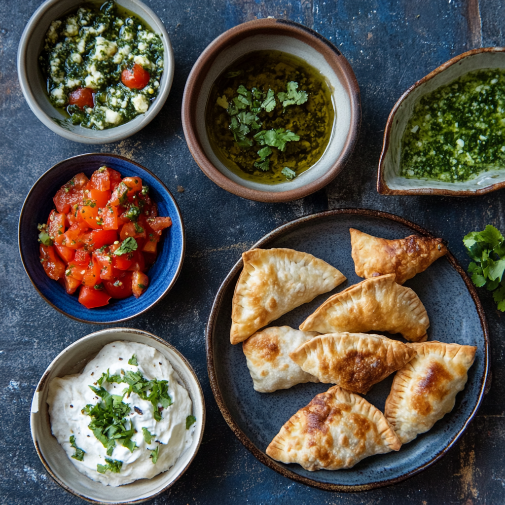 A platter of golden-brown empanadas served with fresh tomato salsa, creamy yogurt dip, cilantro oil, and a green herb sauce.