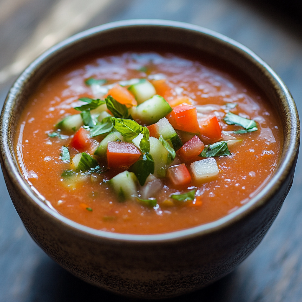 A bowl of refreshing Spanish gazpacho soup topped with diced cucumber, tomato, and fresh basil.